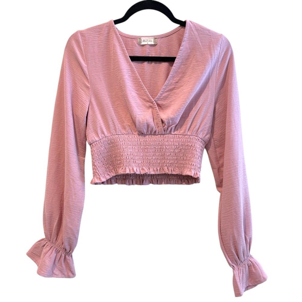 Altar’d State Long Sleeve Flocked V Neck Crop Top Mauve Pink Size Medium